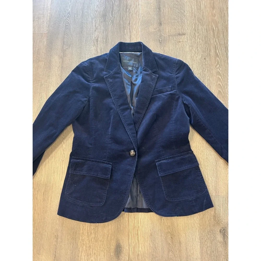 Banana‎ Republic Womens Navy Blue Corduroy Stretch Blazer Jacket Size 8 Button